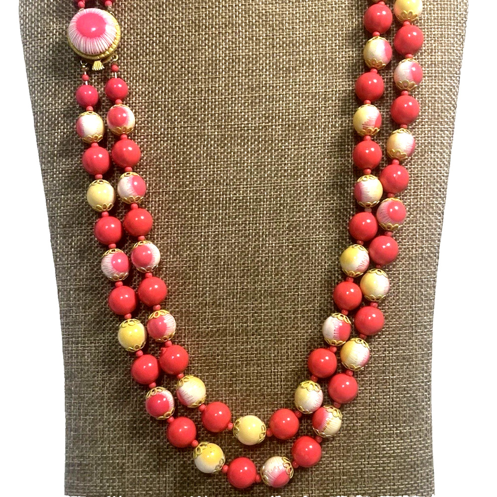 Vintage Hong Kong Pink Yellow Double Strand Bead Necklace 22" Statement Clasp
